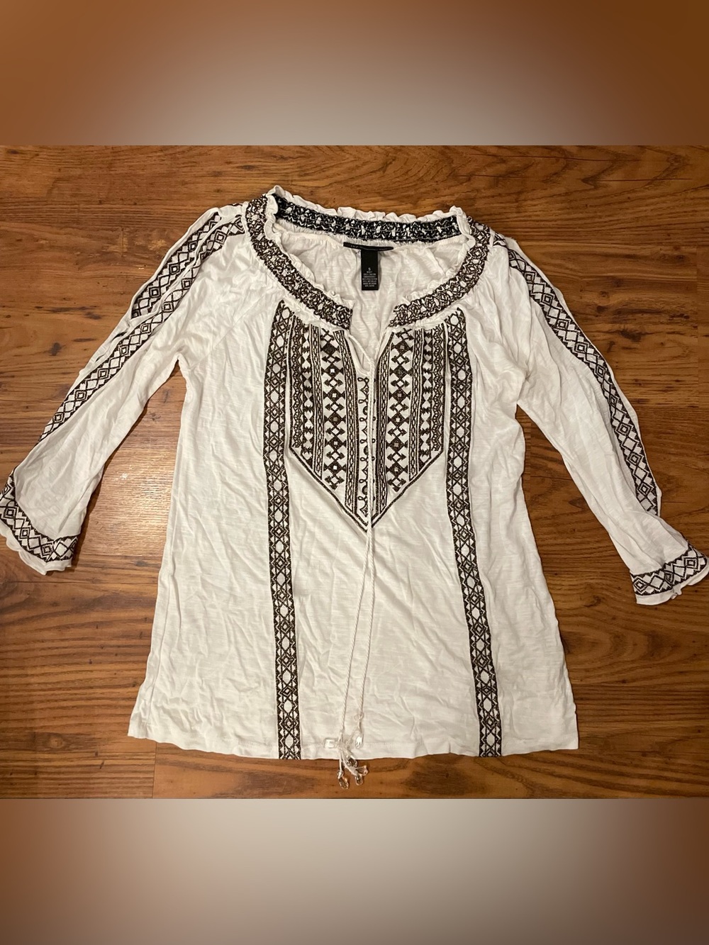 INC International Concepts White Tunic Embroidered Trim Boho Top Small